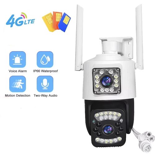 Fehér szín 4G Sim kártyás 6MP kétlencsés PTZ kültéri biztonsági kamera színes éjszakai látás V380 PRO APP