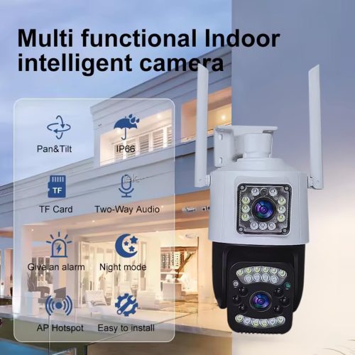 Kétlencsés 6MP WIFI-s PTZ vezeték nélküli biztonsági kamera automatikus követéssel V380 APP