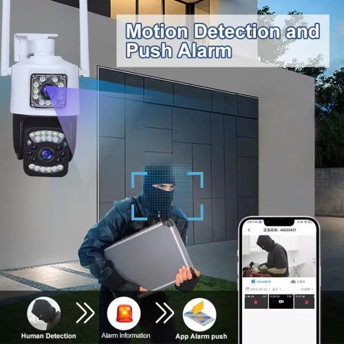 Kétlencsés 6MP WIFI-s PTZ vezeték nélküli biztonsági kamera automatikus követéssel V380 APP