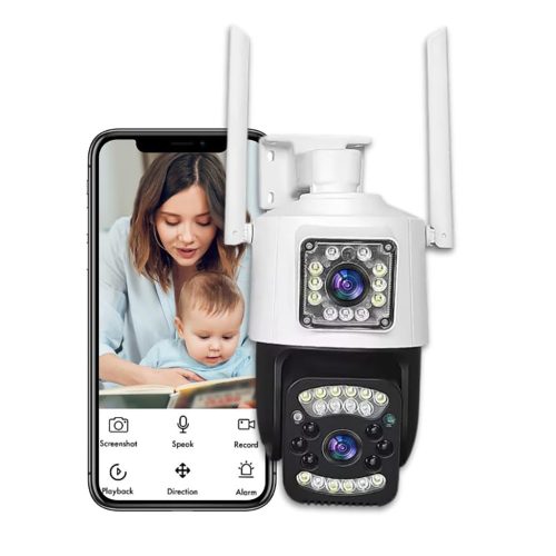 Kétlencsés 6MP WIFI-s PTZ vezeték nélküli biztonsági kamera automatikus követéssel V380 APP