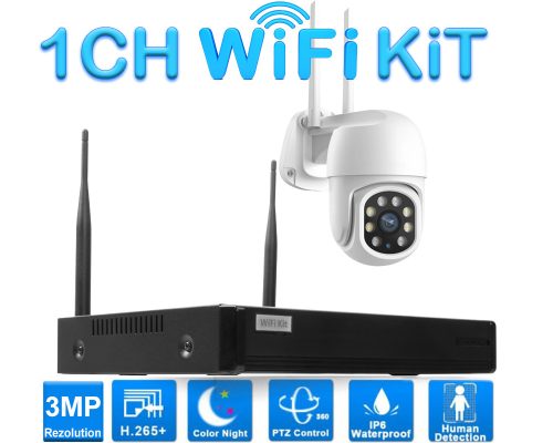 1 Kamerás Kültéri Wifi forgatható megfigyelő rendszer 3MP, 8 csatornás ONVIF NVR, színes éjszakai látás, H.265+