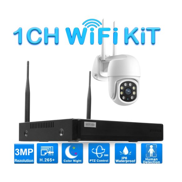 1 Kamerás Kültéri Wifi forgatható megfigyelő rendszer 3MP, 8 csatornás ONVIF NVR, színes éjszakai látás, H.265+