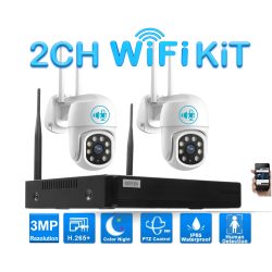   2 Kamerás Kültéri Wifi forgatható megfigyelő rendszer 3MP, 8 csatornás ONVIF NVR, színes éjszakai látás, H.265+