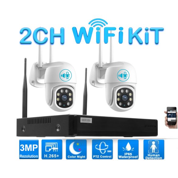 2 Kamerás Kültéri Wifi forgatható megfigyelő rendszer 3MP, 8 csatornás ONVIF NVR, színes éjszakai látás, H.265+