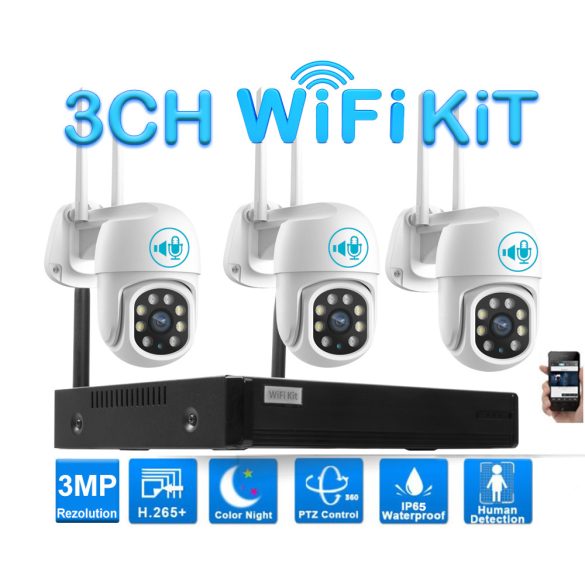 3 Kamerás Kültéri Wifi forgatható megfigyelő rendszer 3MP, 8 csatornás ONVIF NVR, színes éjszakai látás, H.265+