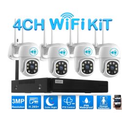   4 Kültéri Wifi forgatható megfigyelő kamera rendszer 3MP, 8 csatornás ONVIF NVR, színes éjszakai látás, H.265+