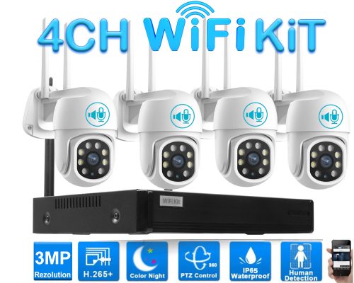 4 Kültéri Wifi forgatható megfigyelő kamera rendszer 3MP, 8 csatornás ONVIF NVR, színes éjszakai látás, H.265+