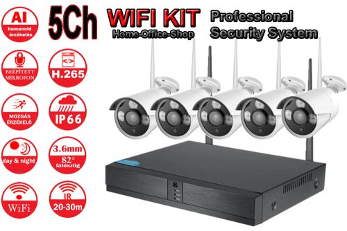 5 CSŐ FIX KAMERÁS VEZETÉK NÉLKÜLI, IP KAMERA RENDSZER 3MP FULL HD, AI, H.265X, 