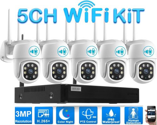 5 Kamerás Kültéri Wifi forgatható megfigyelő rendszer 3MP, 8 csatornás ONVIF NVR, színes éjszakai látás, H.265+