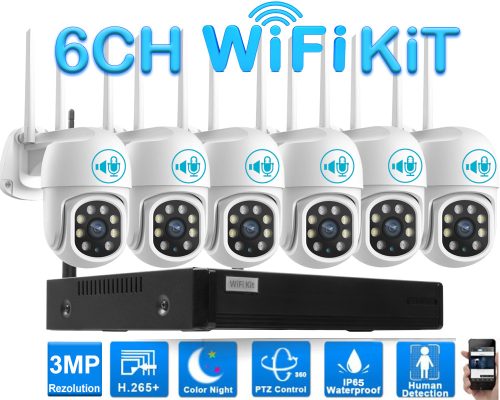 6 Kamerás Kültéri Wifi forgatható megfigyelő rendszer 3MP, 8 csatornás ONVIF NVR, színes éjszakai látás, H.265+