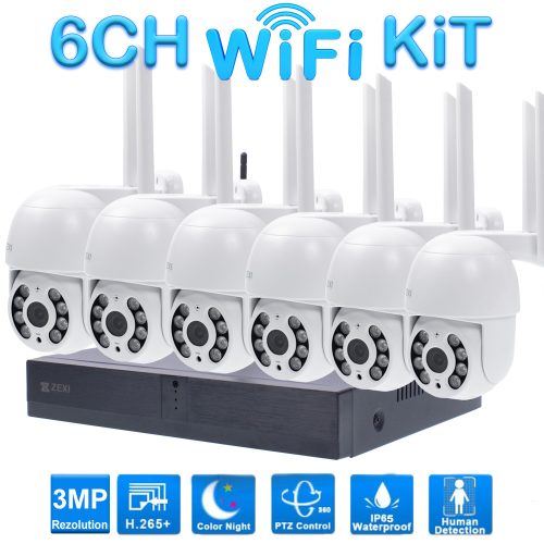6 Kamerás Kültéri Wifi forgatható megfigyelő rendszer 3MP, 8 csatornás ONVIF NVR, színes éjszakai látás, H.265+