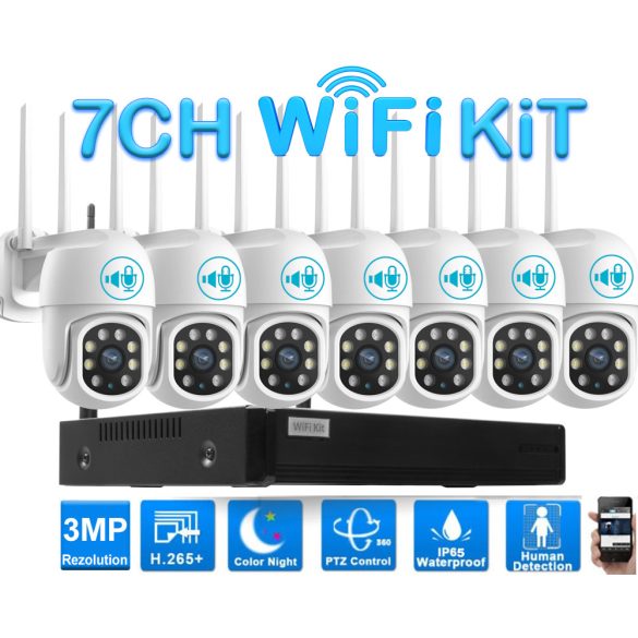 7 Kamerás Kültéri Wifi forgatható megfigyelő rendszer 3MP, 8 csatornás ONVIF NVR, színes éjszakai látás, H.265+