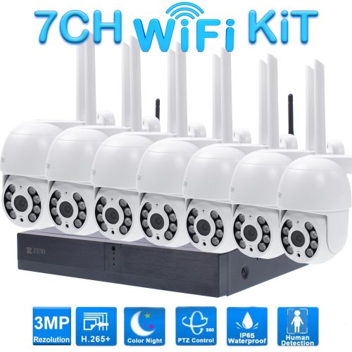 7 Kamerás Kültéri Wifi forgatható megfigyelő rendszer 3MP, 8 csatornás ONVIF NVR, színes éjszakai látás, H.265+
