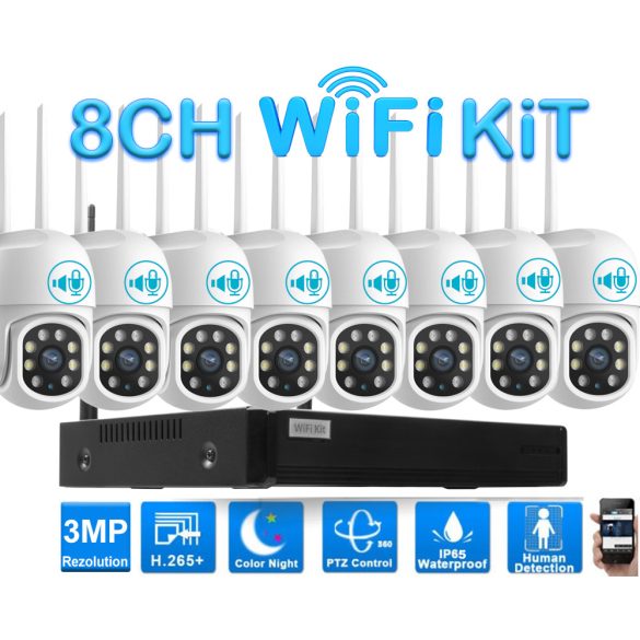 8 Kamerás Kültéri Wifi forgatható megfigyelő rendszer 3MP, 8 csatornás ONVIF NVR, színes éjszakai látás, H.265+