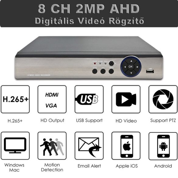 8 csatornás AHD 2MP DVR rögzítő H.265, 5IN1, ONVIF
