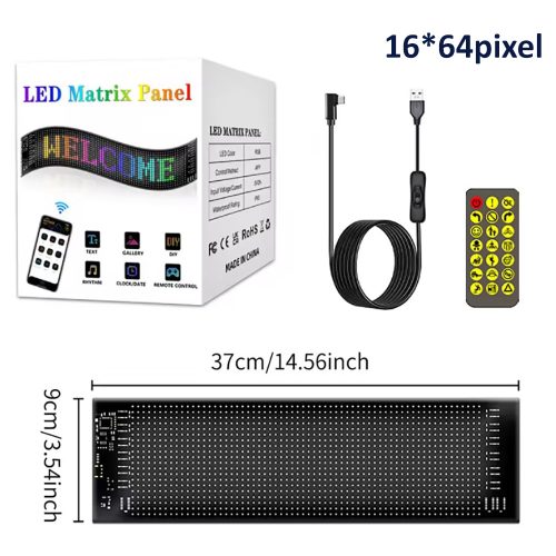 16*64 LED mátrix Pixel panel USB 5V rugalmas fény RGB minta graffiti görgető szöveg animáció kijelző autósbolt alkalmazás vezérlés