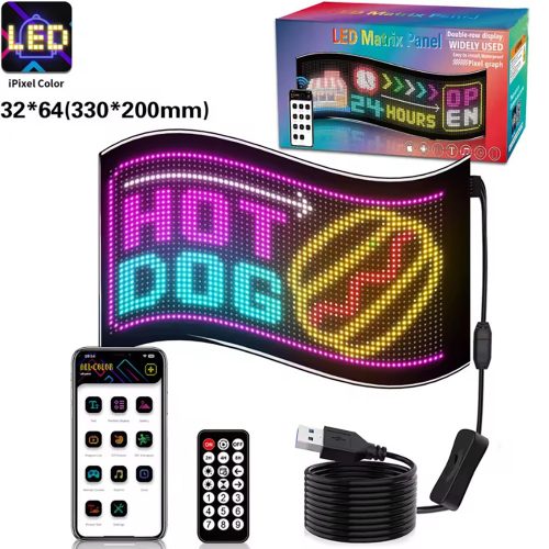 32*64 rugalmas programozható USB 5V RGB animáció szöveg görgetőpanel távirányító reklám LED mátrix autótábla, 20X33cm