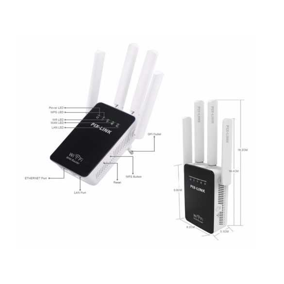 PIX-LINK otthoni Mini 300Mbps vezeték nélküli WiFi Router jelkiterjesztő megismétlő 4 külső antenna