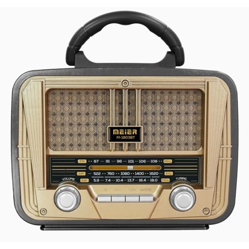 Meier M-1803BT hordozható 3 sávos Am FM Sw rádió, TF kártya és MP3 lejátszó, újratölthető hangszóró, Bluetooth retro design