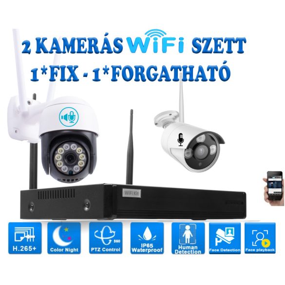 2 Kültéri MIX Wifi 1 forgatható és 1 fix 3MP megfigyelő kamera rendszer, 8 csatornás ONVIF NVR, színes éjszakai látás, H.265+