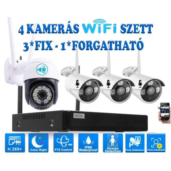 4 Kültéri MIX Wifi 1 forgatható és 3 fix 3MP megfigyelő kamera rendszer , 8 csatornás ONVIF NVR, színes éjszakai látás, H.265+