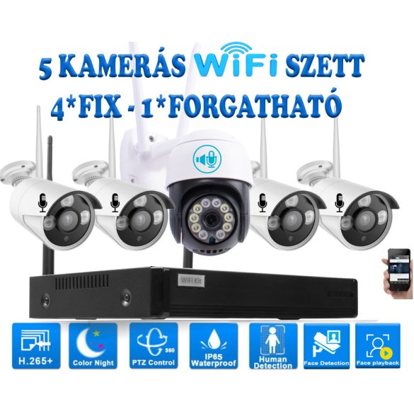 5 Kültéri MIX Wifi 1 forgatható és 4 fix megfigyelő kamera rendszer 3MP, 8 csatornás ONVIF NVR, színes éjszakai látás, H.265+