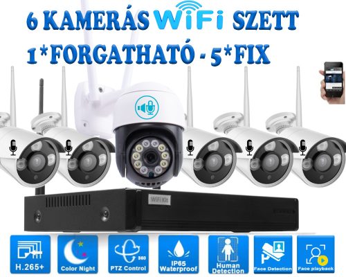 6 Kültéri MIX Wifi 1 forgatható és 5 fix 3MP megfigyelő kamera rendszer, 8 csatornás ONVIF NVR, színes éjszakai látás, H.265+