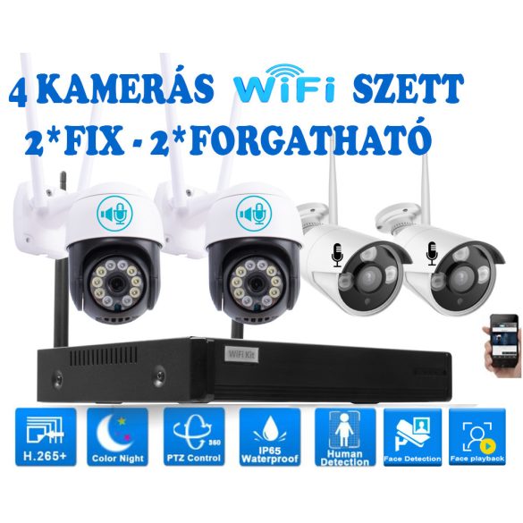 4 Kültéri MIX Wifi 2 forgatható és 2 fix megfigyelő kamera rendszer 3MP, 8 csatornás ONVIF NVR, színes éjszakai látás, H.265+