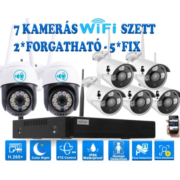 7 Kültéri MIX Wifi 2 forgatható és 5 fix 3MP megfigyelő kamera rendszer, 8 csatornás ONVIF NVR, színes éjszakai látás, H.265+