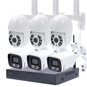   6 Kültéri Wifi Mix, 3 forgatható 3MP és 3 fix 5MP, megfigyelő kamera rendszer, 8 csatornás ONVIF NVR, színes éjszakai látás, H.265+