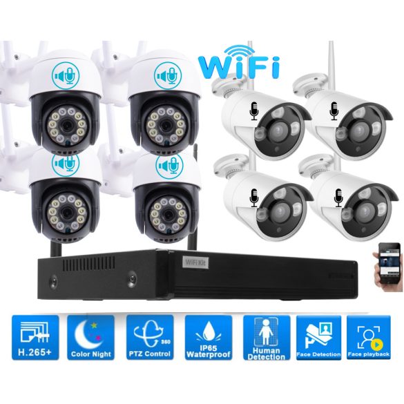 8 Kültéri MIX Wifi 4 forgatható és 4 fix 3MP megfigyelő kamera rendszer, 8 csatornás ONVIF NVR, színes éjszakai látás, H.265+