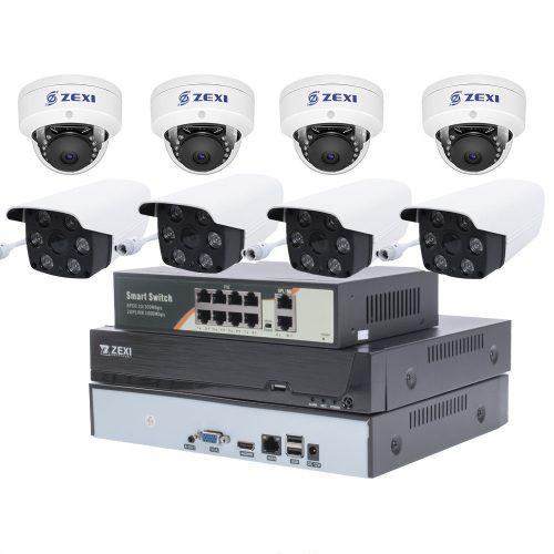 8 KAMERÁS 5MP IP, PoE SWITCH, H.265, ONVIF CSŐ+DOME KAMERA RENDSZER 