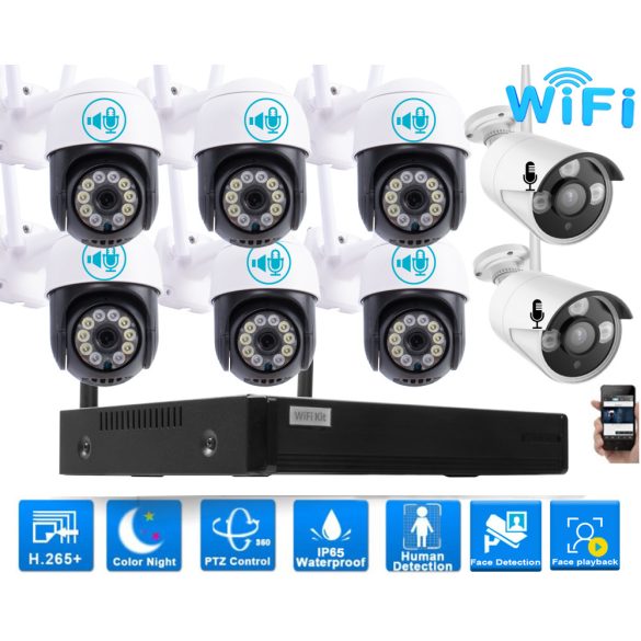 8 Kültéri MIX Wifi 6 forgatható és 2 fix 3MP megfigyelő kamera rendszer, 8 csatornás ONVIF NVR, színes éjszakai látás, H.265+