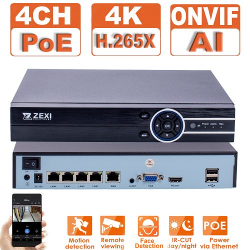 4CH 5MP H.265+,  POE NVR Arcfelismerés, ONVIF hálózati videofelvevő POE IP kamerarendszerhez