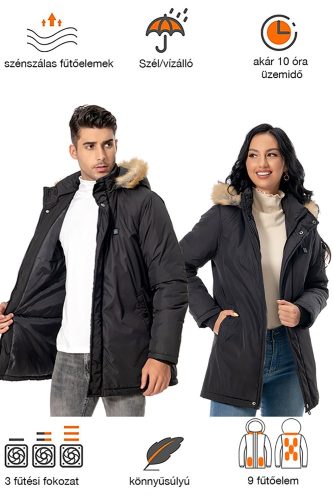 NŐI VÍZÁLLÓ FŰTHETŐ KAPUCNIS KABÁT 9 SZÉNSZÁLAS FŰTŐELEMMEL