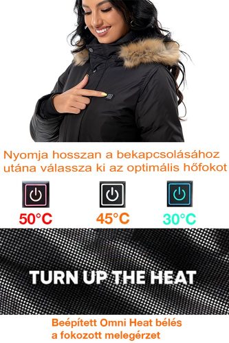 NŐI VÍZÁLLÓ FŰTHETŐ KAPUCNIS KABÁT 9 SZÉNSZÁLAS FŰTŐELEMMEL