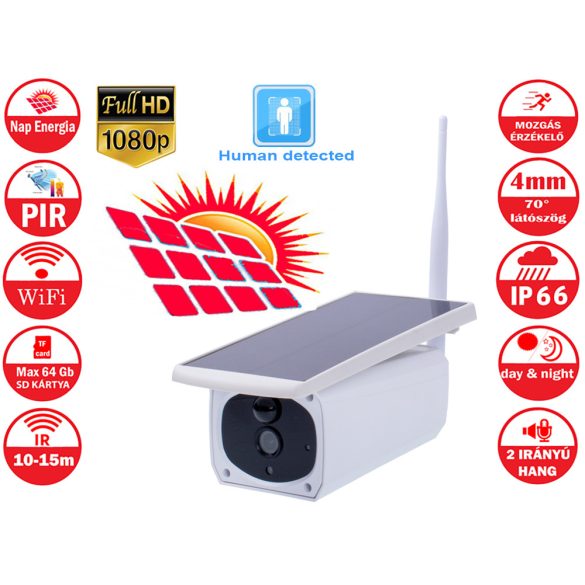 Napelemes vezeték nélküli WIFI IP-kamera FULL HD 1080P, AI, PIR érzékelő