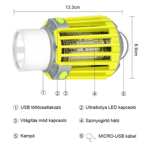 RUNACC kempinglámpás 3 az 1-ben újratölthető LED-es szúnyogirtó lámpa 2200 mAh-s újratölthető akkumulátorral, IP66 vízálló