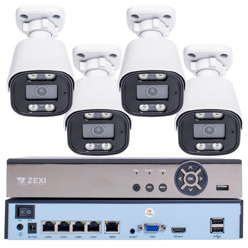 5MP H.265 IP POE 4db-os Bullet 2.8mm Kamerás Biztonsági Rendszer IP66 Vízálló Éjjeli látás Hangrögzítés AI észlelés XmEye Pro App Távoli hozzáférés