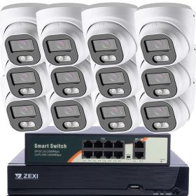  5MP H.265 IP POE SWITCH 12db-os 2.8mm Turret Kamerás Biztonsági Rendszer IP66 Vízálló Éjjeli látás Hangrögzítés AI észlelés XmEye Pro App Távoli hozzáférés