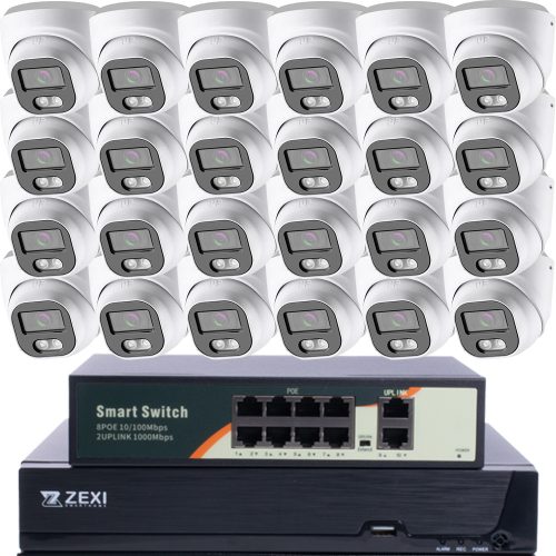 5MP H.265 IP POE SWITCH 24db-os 2.8mm DOME Kamerás Biztonsági Rendszer IP66 Vízálló Éjjeli látás Hangrögzítés AI észlelés XmEye Pro App Távoli hozzáférés