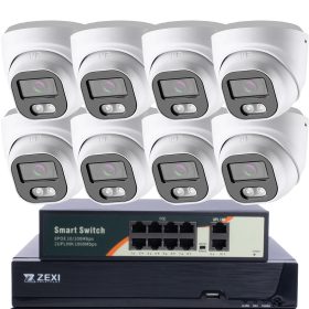   5MP H.265 IP POE SWITCH 8db-os 2.8mm Turret Kamerás Biztonsági Rendszer IP66 Vízálló Éjjeli látás Hangrögzítés AI észlelés XmEye Pro App Távoli hozzáférés