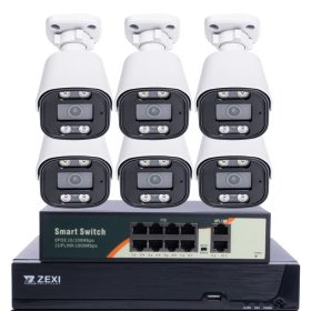   5MP H.265 IP POE SWITCH 6db-os Bullet 2.8mm Kamerás Biztonsági Rendszer IP66 Vízálló Éjjeli látás Hangrögzítés AI észlelés XmEye Pro App Távoli hozzáférés