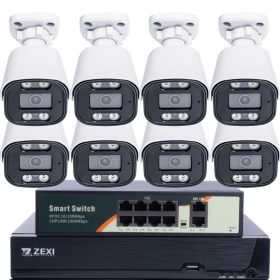   5MP H.265 IP POE SWITCH 8db-os Bullet 2.8mm Kamerás Biztonsági Rendszer IP66 Vízálló Éjjeli látás Hangrögzítés AI észlelés XmEye Pro App Távoli hozzáférés