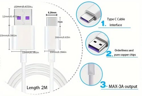 2 méteres 3A Gyors töltő USB Type C Kábel 