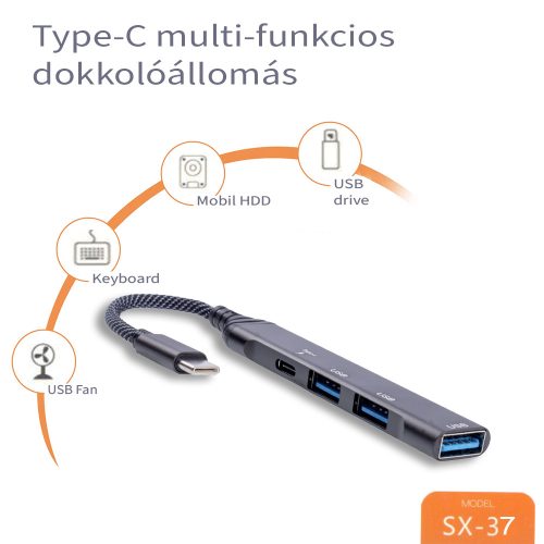 Type-C - USB elosztó 4 az 1-ben USB OTG hub 3 USB 3.0 porttal és 1 Type-C töltő porttal