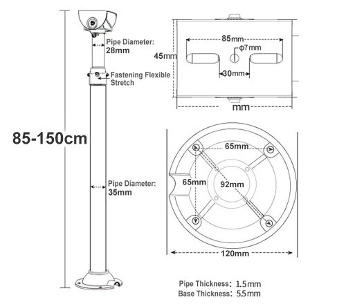 85-tól 150cm-ig Alumínium teleszkópos univerzális biztonsági kamera konzol mennyezetre /oldalfalra telepíthető