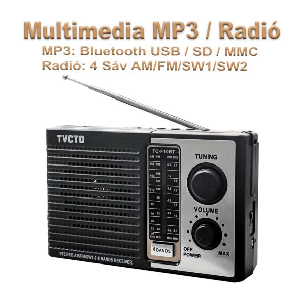 Multimediás akkumulátoros hordozható 4 sávos rádió/ MP3 Bluetooth /USB/ SD/MMC hálózatról/elemmel működő