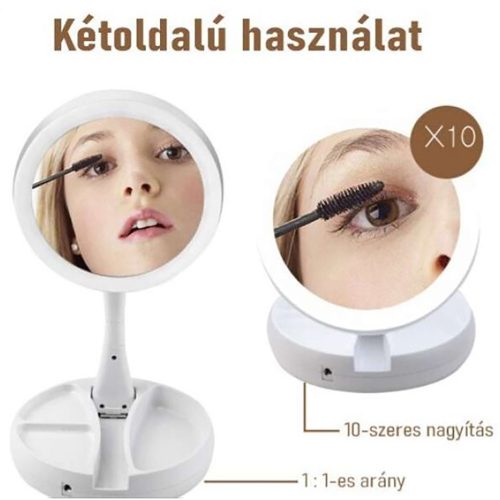 Összecsukható kétoldalas LED sminktükör fénnyel, 10-szeres nagyítással, USB vagy akkumulátoros töltés, asztali tükrök
