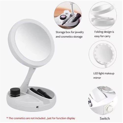 Összecsukható kétoldalas LED sminktükör fénnyel, 10-szeres nagyítással, USB vagy akkumulátoros töltés, asztali tükrök